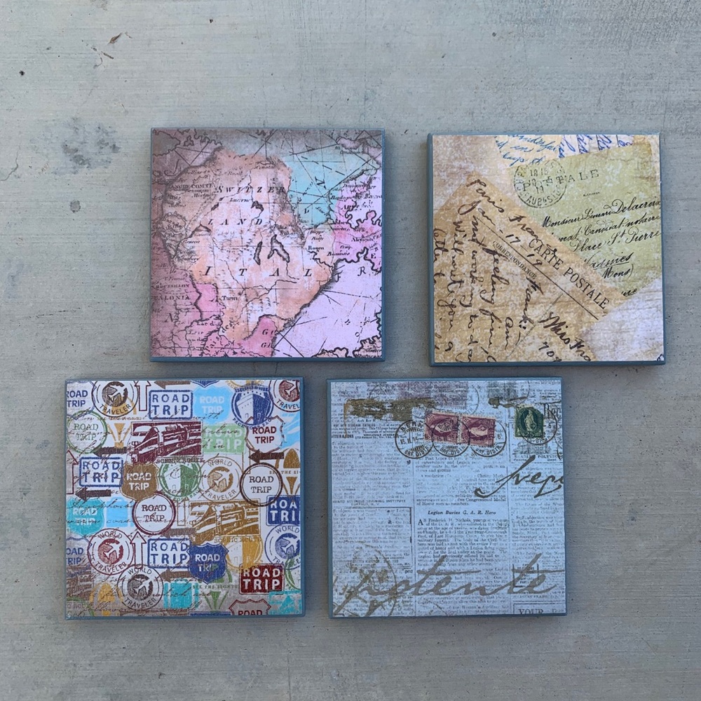 Travel themed homemade coasters